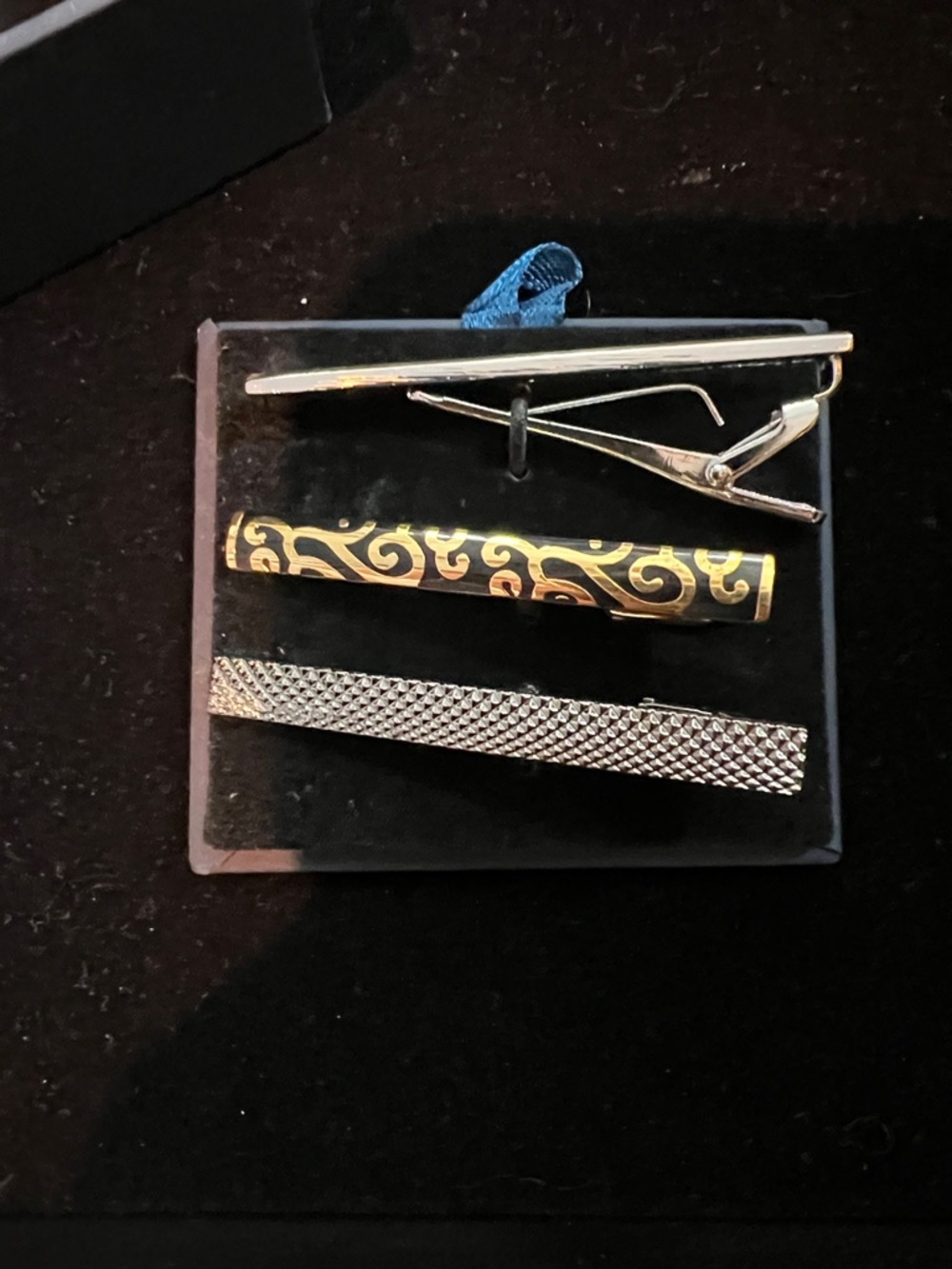 Set of Three Men’s Tie Clips - Gold Scroll, Silver Mesh, Plain Silver